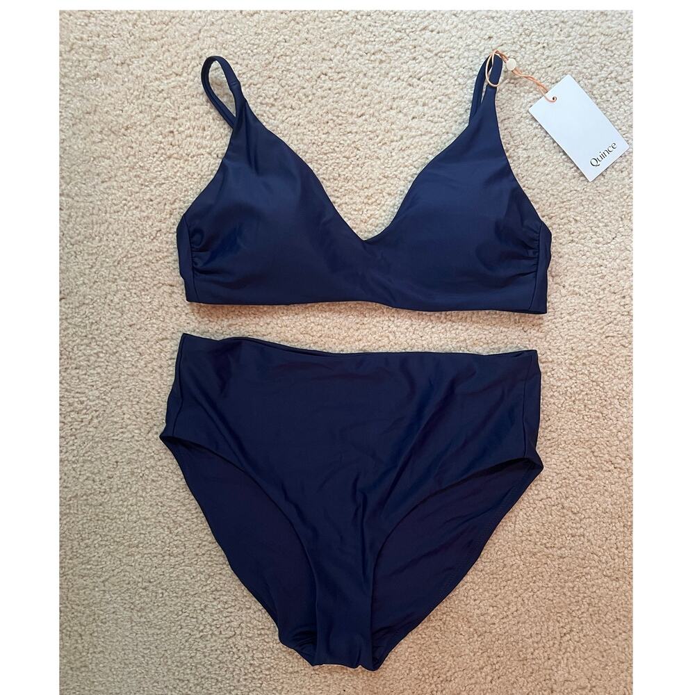 NEW Quince Deep Navy Bikini Set Swimsuit Plunge V Top High Waist Bottoms M